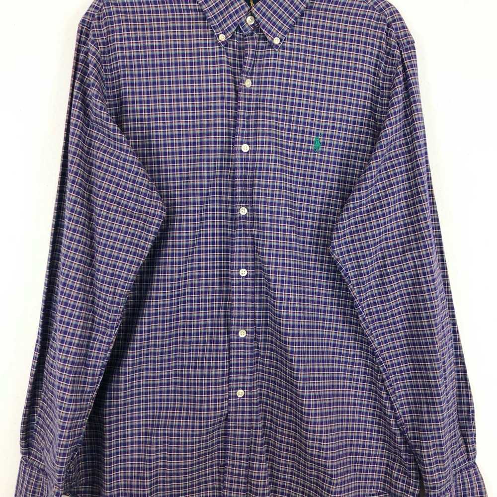 Ralph Lauren Polo Button Down Plaid Shirt Men’s L Purple Long Sleeve Green Pony